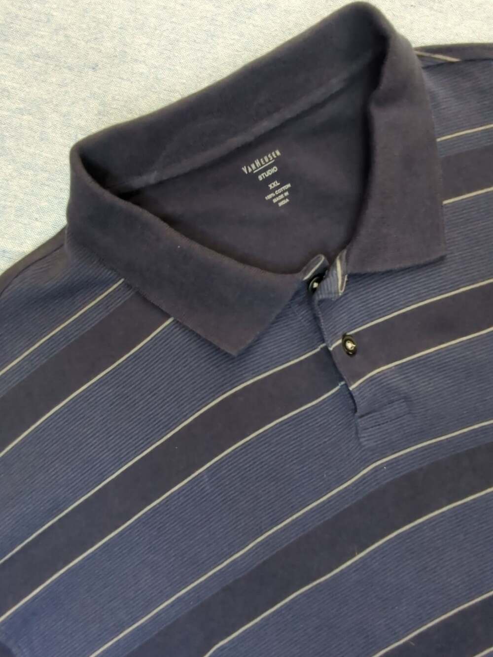 Van Heusen Studio Polo Shirt Size XXL Blue Striped Short Sleeve. #120